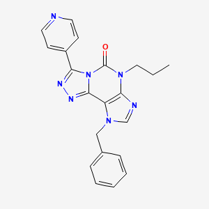 molecular formula C21H19N7O B12777219 5H-1,2,4-Triazolo(3,4-i)purin-5-one, 6,9-dihydro-9-(phenylmethyl)-6-propyl-3-(4-pyridinyl)- CAS No. 135446-09-2