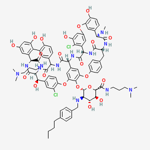 molecular formula C86H94Cl2N12O21 B12777412 Ristomycin A aglycone, 56-O-(2-(((4-butylphenyl)methyl)amino)-N-(3-(dimethylamino)propyl)-betaD-glucopyranuronamidosyl)-5,31-dichloro-38-de(methoxycarbonyl)-7-demethyl-19-deoxy-38-(((3-(dimethylamino)propyl)amino)carbonyl)-N15-methyl- 