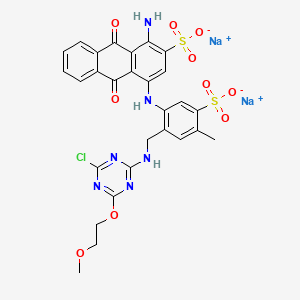 molecular formula C28H23ClN6Na2O10S2 B12777429 Disodium 1-amino-4-((2-(((4-chloro-6-(2-methoxyethoxy)-1,3,5-triazin-2-yl)amino)methyl)-4-methyl-5-sulphonatophenyl)amino)-9,10-dihydro-9,10-dioxoanthracene-2-sulphonate CAS No. 84100-76-5