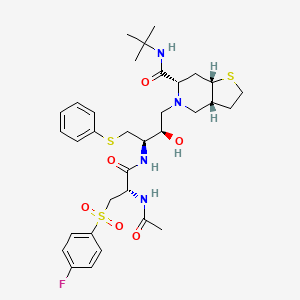 molecular formula C33H45FN4O6S3 B12777647 Thieno(3,2-c)pyridine-6-carboxamide, 5-(3-((2-(acetylamino)-3-((4-fluorophenyl)sulfonyl)-1-oxopropyl)amino)-2-hydroxy-4-(phenylthio)butyl)-N-(1,1-dimethylethyl)octahydro-, (3aR-(3aalpha,5(2R*,3R*(S*)),6beta,7aalpha))- CAS No. 169168-44-9