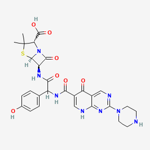 molecular formula C28H30N8O7S B12777897 (2S,5R,6R)-6-[[2-(4-hydroxyphenyl)-2-[(5-oxo-2-piperazin-1-yl-8H-pyrido[2,3-d]pyrimidine-6-carbonyl)amino]acetyl]amino]-3,3-dimethyl-7-oxo-4-thia-1-azabicyclo[3.2.0]heptane-2-carboxylic acid CAS No. 114082-56-3