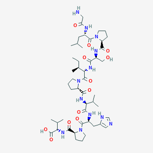 molecular formula C48H78N12O12 B12777967 (2S)-2-[[(2S)-1-[(2S)-2-[[(2S)-2-[[(2S)-1-[(2S,3S)-2-[[(2S)-2-[[(2S)-1-[(2S)-2-[(2-aminoacetyl)amino]-4-methylpentanoyl]pyrrolidine-2-carbonyl]amino]-3-hydroxypropanoyl]amino]-3-methylpentanoyl]pyrrolidine-2-carbonyl]amino]-3-methylbutanoyl]amino]-3-(1H-imidazol-5-yl)propanoyl]pyrrolidine-2-carbonyl]amino]-3-methylbutanoic acid CAS No. 318274-84-9