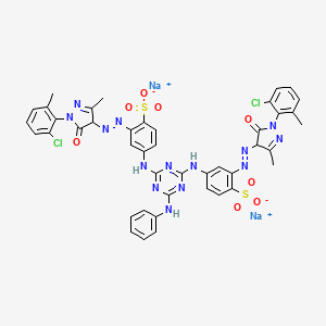 molecular formula C43H34Cl2N14Na2O8S2 B12778097 Benzenesulfonic acid, 4,4'-((6-(phenylamino)-1,3,5-triazine-2,4-diyl)diimino)bis(2-((1-(2-chloro-6-methylphenyl)-4,5-dihydro-3-methyl-5-oxo-1H-pyrazol-4-yl)azo)-, disodium salt CAS No. 80301-66-2