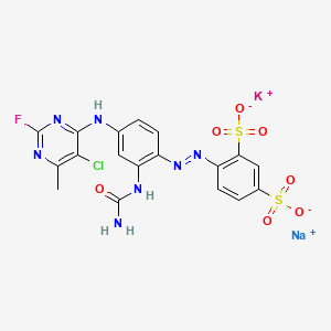 molecular formula C18H13ClFKN7NaO7S2 B12778246 Potassium sodium 4-((2-((aminocarbonyl)amino)-4-((5-chloro-2-fluoro-6-methyl-4-pyrimidyl)amino)phenyl)azo)benzene-1,3-disulphonate CAS No. 83763-55-7