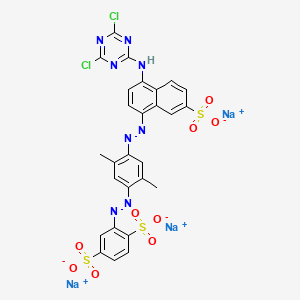molecular formula C27H17Cl2N8Na3O9S3 B12778394 Trisodium 2-((4-((4-((4,6-dichloro-1,3,5-triazin-2-yl)amino)-7-sulphonato-1-naphthyl)azo)-2,5-dimethylphenyl)azo)benzene-1,4-disulphonate CAS No. 85631-75-0