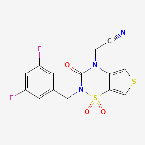molecular formula C14H9F2N3O3S2 B12778555 4H-Thieno(3,4-e)-1,2,4-thiadiazine-4-acetonitrile, 2-((3,5-difluorophenyl)methyl)-2,3-dihydro-3-oxo-, 1,1-dioxide CAS No. 214916-39-9