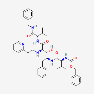 molecular formula C43H54N6O6 B12778564 L-Lyxonamide, 2,4,5-trideoxy-4-((3-methyl-1-oxo-2-(((phenylmethoxy)carbonyl)amino)butyl)amino)-N-(2-methyl-1-(((phenylmethyl)amino)carbonyl)propyl)-5-phenyl-2-((2-(2-pyridinyl)ethyl)amino)-, (1(S),4(S))- CAS No. 161510-43-6
