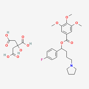 molecular formula C30H38FNO12 B12778573 alpha-(4-Fluorophenyl)-1-pyrrolidinebutanol 3,4,5-trimethoxybenzoate citrate CAS No. 102584-34-9