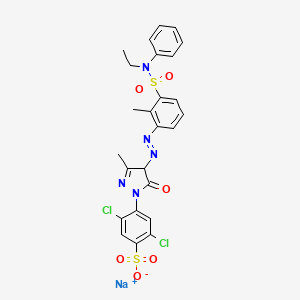 molecular formula C25H22Cl2N5NaO6S2 B12778610 Benzenesulfonic acid, 2,5-dichloro-4-(4-((((ethylphenylamino)sulfonyl)methylphenyl)azo)-4,5-dihydro-3-methyl-5-oxo-1H-pyrazol-1-yl)-, monosodium salt CAS No. 72208-08-3