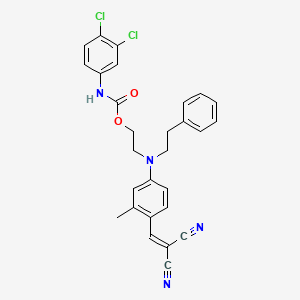 molecular formula C28H24Cl2N4O2 B12778811 Carbamic acid, (3,4-dichlorophenyl)-, 2-((4-(2,2-dicyanoethenyl)-3-methylphenyl)(2-phenylethyl)amino)ethyl ester CAS No. 37873-04-4