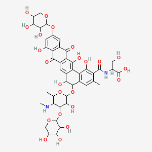 molecular formula C44H50N2O23 B12778861 D-Serine, N-((5-((4,6-dideoxy-4-(methylamino)-3-O-beta-D-xylopyranosyl-beta-D-galactopyranosyl)oxy)-5,6,8,13-tetrahydro-1,6,9,14-tetrahydroxy-3-methyl-8,13-dioxo-11-(beta-L-xylopyranosyloxy)benzo(a)naphthacen-2-yl)carbonyl)-, (5S-trans)- CAS No. 152632-92-3