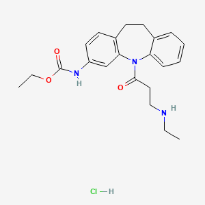 molecular formula C22H28ClN3O3 B12778937 Carbamic acid, (5-(3-(ethylamino)-1-oxopropyl)-10,11-dihydro-5H-dibenz(b,f)azepin-3-yl)-, ethyl ester, monohydrochloride CAS No. 134068-49-8