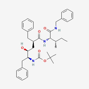 molecular formula C37H49N3O5 B12778973 Carbamic acid, (2-hydroxy-5-((2-methyl-1-(((phenylmethyl)amino)carbonyl)butyl)amino)-5-oxo-1,4-bis(phenylmethyl)pentyl)-, 1,1-dimethylethyl ester, (1S-(1R*,2R*,4S*,5(1R*,2R*)))- CAS No. 126409-47-0