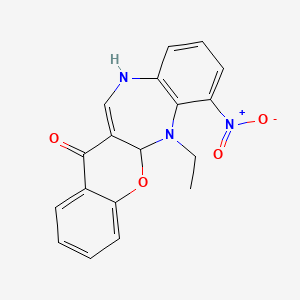 molecular formula C18H15N3O4 B12779071 (1)Benzopyrano(2,3-b)(1,5)benzodiazepin-13(5ah)-one, 6,11-dihydro-6-ethyl-7-nitro- CAS No. 119724-75-3