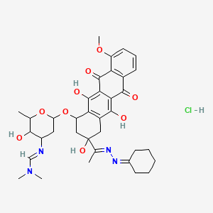 molecular formula C36H45ClN4O9 B12779182 5,12-Naphthacenedione, 7,8,9,10-tetrahydro-8-(1-(cyclohexylidenehydrazono)ethyl)-1-methoxy-6,8,11-trihydroxy-10-((2,3,6-trideoxy-3-(((dimethylamino)methylene)amino)-alpha-L-lyxo-hexopyranosyl)oxy)-, monohydrochloride, (8S-cis)- CAS No. 128948-05-0