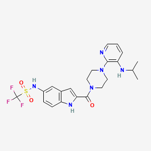 molecular formula C22H25F3N6O3S B12779308 1-((5-(Trifluoromethylsulfonylamino)-2-indolyl)carbonyl)-4-(3-(isopropylamino)-2-pyridinyl)piperazine CAS No. 147920-16-9