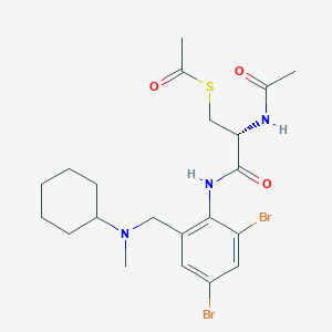 molecular formula C21H29Br2N3O3S B12779326 Propanamide, 2-(acetylamino)-3-(acetylthio)-N-(2,4-dibromo-6-((cyclohexylmethylamino)methyl)phenyl)-, (R)- CAS No. 97290-43-2
