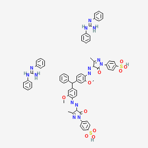 molecular formula C67H62N14O10S2 B12779378 1,2-diphenylguanidine;4-[4-[[2-methoxy-4-[[3-methoxy-4-[[3-methyl-5-oxo-1-(4-sulfophenyl)-4H-pyrazol-4-yl]diazenyl]phenyl]-phenylmethyl]phenyl]diazenyl]-3-methyl-5-oxo-4H-pyrazol-1-yl]benzenesulfonic acid CAS No. 72906-56-0