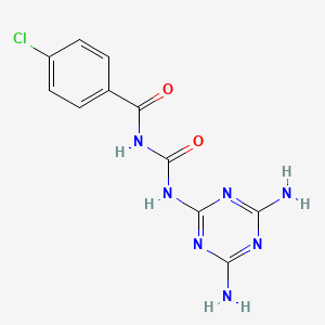 molecular formula C11H10ClN7O2 B12779421 Benzamide, 4-chloro-N-(((4,6-diamino-1,3,5-triazin-2-yl)amino)carbonyl)- CAS No. 123199-93-9