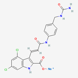 molecular formula C20H15Cl2N4NaO4 B12779556 1H-Indole-2-carboxylic acid, 3-((1E)-3-((4-(((aminocarbonyl)amino)methyl)phenyl)amino)-3-oxo-1-propenyl)-4,6-dichloro-, monosodium salt CAS No. 182314-66-5