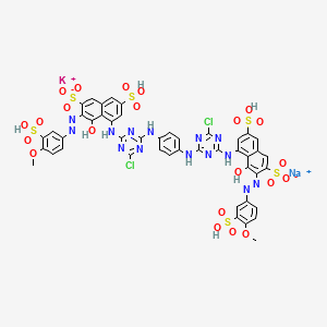 molecular formula C46H28Cl2K3N14Na3O22S6 B12779699 4,4'-(p-Phenylenebis(imino(6-chloro-1,3,5-triazine-4,2-diyl)imino))bis(5-hydroxy-6-((4-methoxy-3-sulphophenyl)azo)naphthalene-2,7-disulphonic) acid, potassium sodium salt CAS No. 85959-06-4