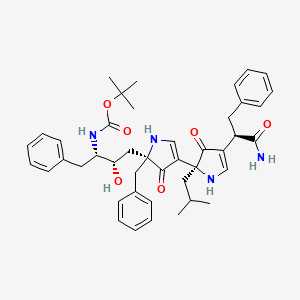 molecular formula C43H52N4O6 B12779743 Carbamic acid, ((1S,2S)-3-((2S,5'S)-4-((1R)-2-amino-2-oxo-1-(phenylmethyl)ethyl)-2,3,4',5'-tetrahydro-2-(2-methylpropyl)-3,4'-dioxo-5'-(phenylmethyl)(2,3'-bi-1H-pyrrol)-5'-yl)-2-hydroxy-1-(phenylmethyl)propyl)-, 1,1-dimethylethyl ester CAS No. 153239-99-7
