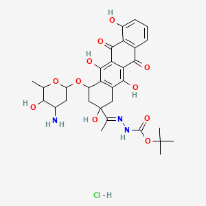 molecular formula C31H38ClN3O11 B12779798 Carbazic acid, 3-(1-(4-((3-amino-2,3,6-trideoxy-alpha-L-lyxo-hexopyranosyl)oxy)-6,11-dioxo-1,2,3,4,6,11-hexahydro-2,5,7,12-tetrahydroxynaphthacen-2-yl)ethylidene)-, tert-butyl ester, monohydrochloride CAS No. 81914-45-6
