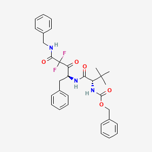molecular formula C32H35F2N3O5 B12779827 Carbamic acid, (1-(((3,3-difluoro-2,4-dioxo-1-(phenylmethyl)-4-((phenylmethyl)amino)butyl)amino)carbonyl)-3-methylbutyl)-, phenylmethyl ester CAS No. 148797-25-5