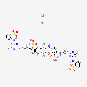 molecular formula C42H36Cl2F2LiN14NaO14S4+2 B12779845 6,13-Dichloro-3,10-bis-(2-(4-fluoro-6-(2-sulfo-phenylamino)-1,3,5-triazin-2-ylamino)-propylamino)-benzo(5,6)(1,4)oxazino(2,3-.b.)phenoxazine-4,11-disulphonic acid, lithium, sodium salt. CAS No. 163062-28-0