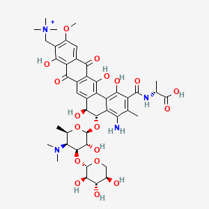 molecular formula C45H57N4O18+ B12779971 D-Alanine, N-((4-amino-5-((4,6-dideoxy-4-(dimethylamino)-3-O-beta-D-xylopyranosyl-beta-D-galactopyranosyl)oxy)-5,6,8,13-tetrahydro-1,6,9,14-tetrahydroxy-11-methoxy-3-methyl-8,13-dioxo-10-((trimethylammonio)methyl)benzo(a)naphthacen-2-yl)carbonyl)-, (5S-trans)- CAS No. 153619-18-2