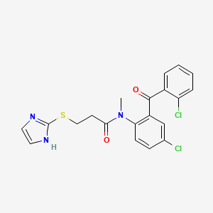 molecular formula C20H17Cl2N3O2S B12780236 Propanamide, N-(4-chloro-2-(2-chlorobenzoyl)phenyl)-3-(1H-imidazol-2-ylthio)-N-methyl- CAS No. 128433-39-6