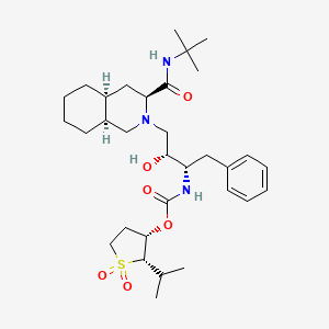 molecular formula C32H51N3O6S B12781131 Carbamic acid, ((1S,2R)-3-((3S,4aS,8aS)-3-(((1,1-dimethylethyl)amino)carbonyl)octahydro-2(1H)-isoquinolinyl)-2-hydroxy-1-(phenylmethyl)propyl)-, (2S,3S)-tetrahydro-2-(1-methylethyl)-1,1-dioxido-3-thienyl ester CAS No. 147949-29-9