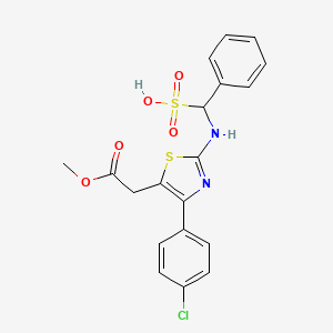 molecular formula C19H17ClN2O5S2 B12781232 Thiazole-5-acetic acid, 4-(p-chlorophenyl)-2-(alpha-sulfobenzylamino)-, methyl ester CAS No. 71013-57-5