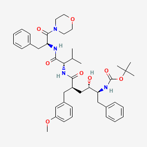 molecular formula C43H58N4O8 B12781596 Carbamic acid, (2-hydroxy-4-((3-methoxyphenyl)methyl)-5-((2-methyl-1-(((2-(4-morpholinyl)-2-oxo-1-(phenylmethyl)ethyl)amino)carbonyl)propyl)amino)-5-oxo-1-(phenylmethyl)pentyl)-, 1,1-dimethylethyl ester, (1S-(1R*,2R*,4S*,5(R*(R*))))- CAS No. 165453-43-0