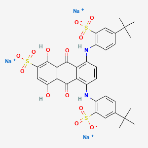molecular formula C34H31N2Na3O13S3 B12781942 Trisodium 5,8-bis((4-(1,1-dimethylethyl)-2-sulphonatophenyl)amino)-9,10-dihydro-1,4-dihydroxy-9,10-dioxoanthracene-2-sulphonate CAS No. 83006-69-3