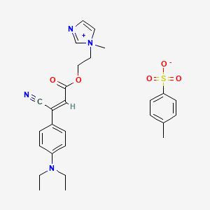 molecular formula C27H32N4O5S B12782155 1-(2-((beta-Cyano-4-(diethylamino)cinnamoyl)oxy)ethyl)-1-methyl-1H-imidazolium toluene-p-sulphonate CAS No. 94087-12-4