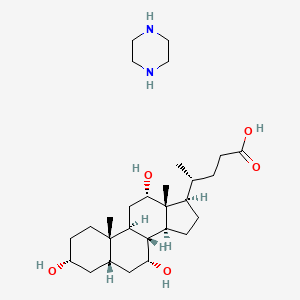 molecular formula C28H50N2O5 B12782505 piperazine;(4R)-4-[(3R,5S,7R,8R,9S,10S,12S,13R,14S,17R)-3,7,12-trihydroxy-10,13-dimethyl-2,3,4,5,6,7,8,9,11,12,14,15,16,17-tetradecahydro-1H-cyclopenta[a]phenanthren-17-yl]pentanoic acid CAS No. 6266-73-5