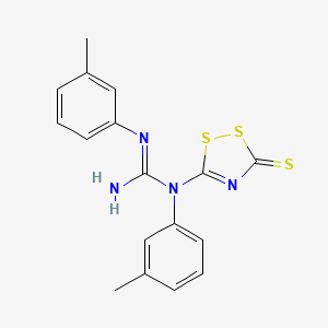 molecular formula C17H16N4S3 B12782719 Guanidine, N,N'-bis(3-methylphenyl)-N-(3-thioxo-3H-1,2,4-dithiazol-5-yl)- CAS No. 151220-52-9