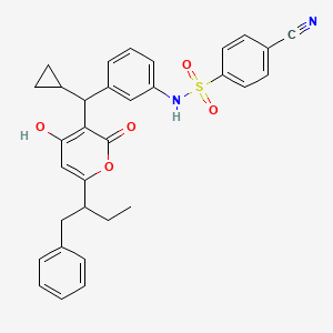 molecular formula C32H30N2O5S B12782740 N-(3-(Cyclopropyl(4-hydroxy-2-oxo-6-(1-(phenylmethyl)propyl)-2H-pyran-3-yl)methyl)phenyl)-4-cyanobenzenesulfonamide CAS No. 162169-82-6