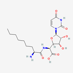molecular formula C19H30N4O8 B12782843 beta-D-Allofuranuronic acid, 5-((2-amino-1-oxooctyl)amino)-1,5-dideoxy-1-(3,4-dihydro-2,4-dioxo-1(2H)-pyrimidinyl)-, (S)- CAS No. 112139-13-6