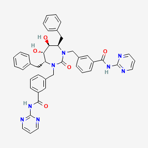 molecular formula C43H40N8O5 B12782888 Benzamide, 3,3'-(((4R,5S,6S,7R)-tetrahydro-5,6-dihydroxy-2-oxo-4,7-bis(phenylmethyl)-1H-1,3-diazepine-1,3(2H)-diyl)bis(methylene))bis(N-2-pyrimidinyl- CAS No. 183854-16-2