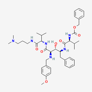 molecular formula C42H60N6O7 B12782937 L-Lyxonamide, 2,4,5-trideoxy-N-(1-(((3-(dimethylamino)propyl)amino)carbonyl)-2-methylpropyl)-2-(((4-methoxyphenyl)methyl)amino)-4-((3-methyl-1-oxo-2-(((phenylmethoxy)carbonyl)amino)butyl)amino)-5-phenyl-, (1(S),4(S))- CAS No. 169305-62-8