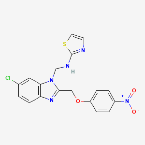 molecular formula C18H14ClN5O3S B12782998 Benzimidazole, 6-chloro-2-((p-nitrophenoxy)methyl)-1-((2-thiazolylamino)methyl)- CAS No. 84138-28-3