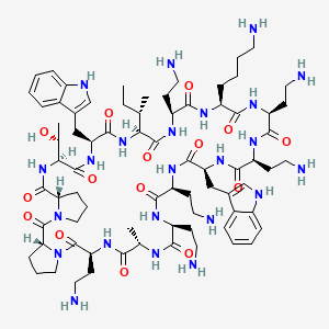 molecular formula C75H117N23O15 B12783107 Cyclo(L-alanyl-(2S)-2,4-diaminobutanoyl-D-prolyl-L-prolyl-L-threonyl-L-tryptophyl-L-isoleucyl-(2S)-2,4-diaminobutanoyl-L-lysyl-(2S)-2,4-diaminobutanoyl-(2S)-2,4-diaminobutanoyl-L-tryptophyl-(2S)-2,4-diaminobutanoyl-(2S)-2,4-diaminobutanoyl) CAS No. 944152-19-6
