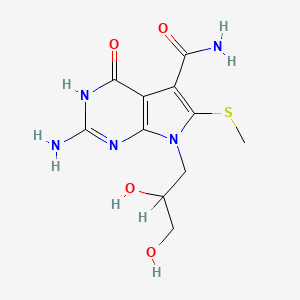 molecular formula C11H15N5O4S B12783256 2-Amino-5-(aminocarbonyl)-6-(methylthio)-7-((RS)-2,3-dihydroxypropyl)pyrrolo(2,3-d)pyrimidin-4-one CAS No. 127945-65-7