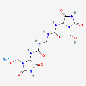 molecular formula C11H15N8NaO8 B12783411 Urea, N,N''-methylenebis(N'-(3-(hydroxymethyl)-2,5-dioxo-4-imidazolidinyl)-, monosodium salt CAS No. 71042-94-9