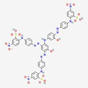 molecular formula C48H35N13O17S3 B12783600 Benzenesulfonic acid, 2,2'-((4-hydroxy-6-((3-hydroxy-4-((4-((4-nitro-2-sulfophenyl)amino)phenyl)azo)phenyl)amino)-1,3-phenylene)bis(azo-4,1-phenyleneimino))bis(5-nitro- CAS No. 72139-02-7