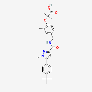 molecular formula C27H33N3O4 B12783883 Propanoic acid, 2-(4-((((5-(4-(1,1-dimethylethyl)phenyl)-1-methyl-1H-pyrazol-3-yl)carbonyl)amino)methyl)-2-methylphenoxy)-2-methyl- CAS No. 852814-21-2