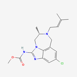 molecular formula C18H23ClN4O2 B12783957 Carbamic acid, (9-chloro-4,5,6,7-tetrahydro-5-methyl-6-(3-methyl-2-butenyl)imidazo(4,5,1-jk)(1,4)benzodiazepin-2-yl)-, methyl ester, (S)- CAS No. 136722-79-7