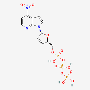 molecular formula C12H14N3O13P3 B12784004 Triphosphoric acid, P-((2,5-dihydro-5-(4-nitro-1H-pyrrolo(2,3-b)pyridin-1-yl)-2-furanyl)methyl) ester, (2S-cis)- CAS No. 132062-51-2
